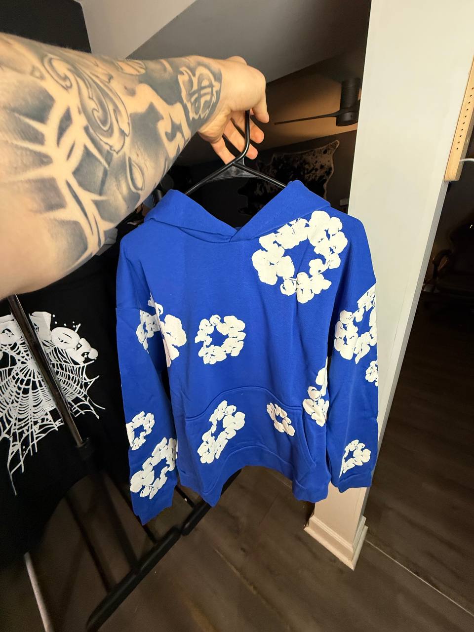 BLUE AND WHITE DENIM HOODIE