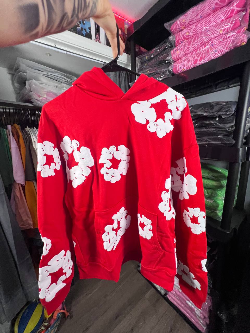RED & WHITE DENIM HOODIE