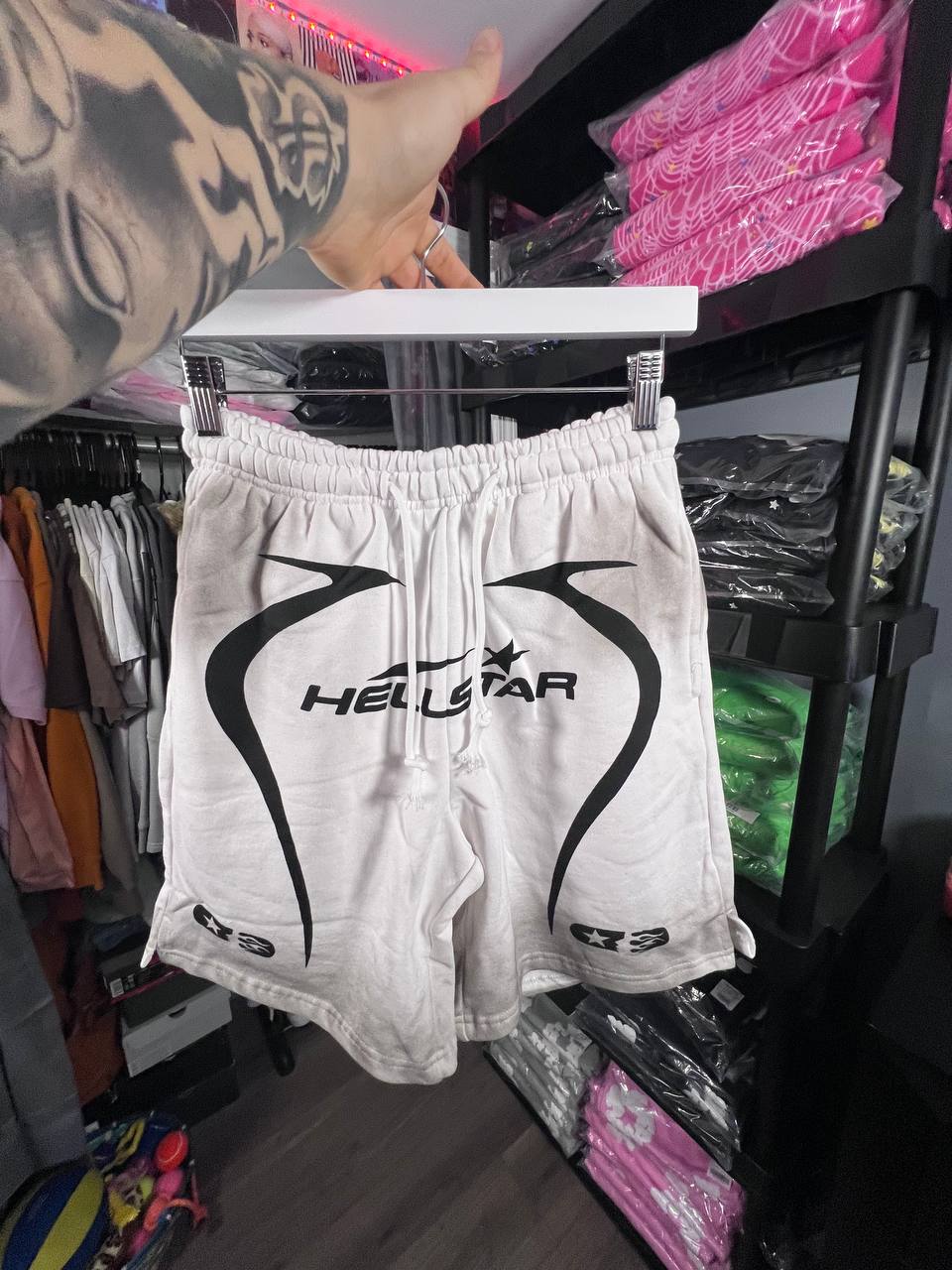 WHITE AND BLACK HELLSTAR SHORTS