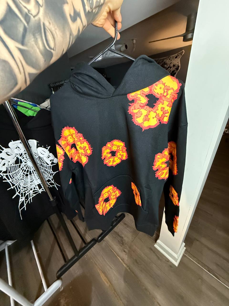 BLACK AND ORANGE DENIM HOODIE